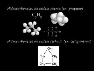 Hidrocarbonetos de cadeia aberta (ex: propano)
Hidrocarbonetos de cadeia fechada (ex: ciclopentano)
 
