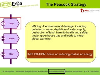 Mining    environmental damage, including pollution of water, depletion of water supply, destruction of land, harm to health and safety, ,major greenhouse gas and leads to more global warming.  IMPLICATION: Focus on reducing coal as an energy Why Where 1 2 How 3 The Peacock Strategy 