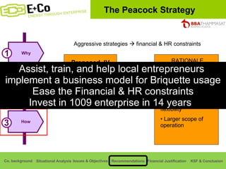 Why Where 1 2 How 3 Aggressive strategies    financial & HR constraints Proposed JV with ETC Energy RATIONALE Goal congruence Financial and human resource assistance Same size allow flexibility Larger scope of operation Assist, train, and help local entrepreneurs  implement a business model for Briquette usage Ease the Financial & HR constraints Invest in 1009 enterprise in 14 years  The Peacock Strategy 