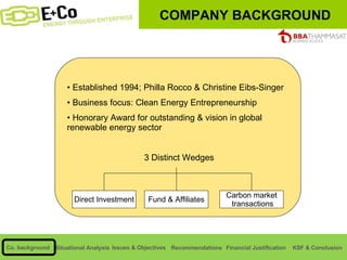 COMPANY BACKGROUND Established 1994; Philla Rocco & Christine Eibs-Singer Business focus: Clean Energy Entrepreneurship Honorary Award for outstanding & vision in global renewable energy sector 3 Distinct Wedges Direct Investment Fund & Affiliates Carbon market transactions 