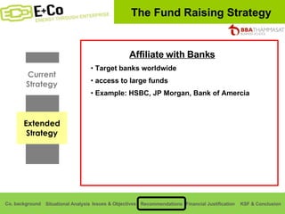 Current Strategy Extended Strategy Affiliate with Banks Target banks worldwide access to large funds Example: HSBC, JP Morgan, Bank of Amercia  The Fund Raising Strategy 