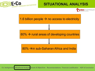 SITUATIONAL ANALYSIS 1.6 billion people    no access to electricity  80%    rural areas of developing countries 80%   in sub-Saharan Africa and India 