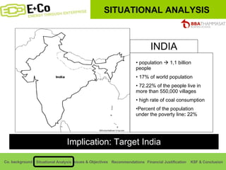 Implication: Target India population    1,1 billion people 17% of world population 72.22% of the people live in more than 550,000 villages  high rate of coal consumption Percent of the population under the poverty line :  22%  INDIA SITUATIONAL ANALYSIS 