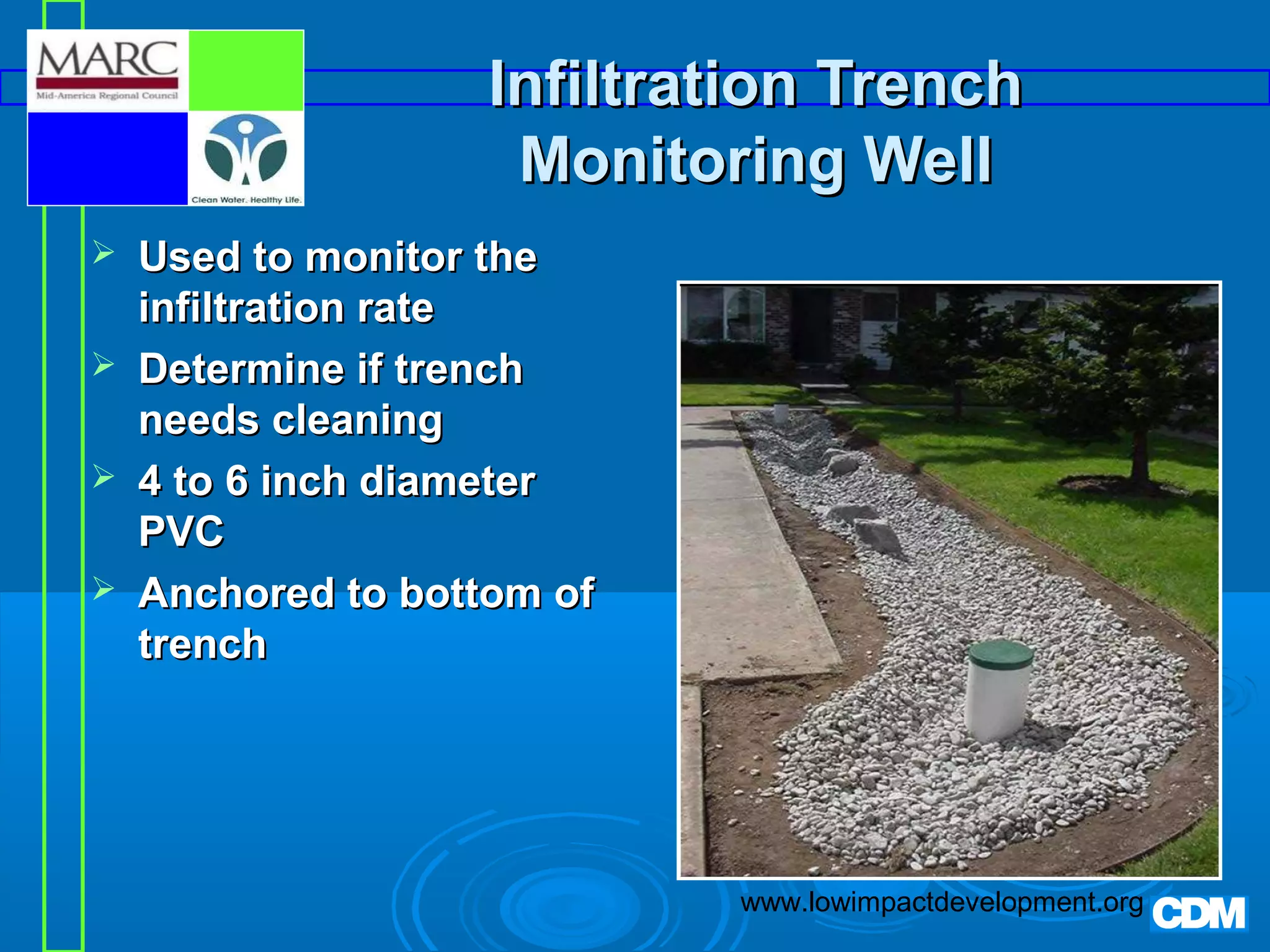 Infiltration Trench
Monitoring Well





Used to monitor the
infiltration rate
Determine if trench
needs cleaning
4 to 6 inch diameter
PVC
Anchored to bottom of
trench

www.lowimpactdevelopment.org

 