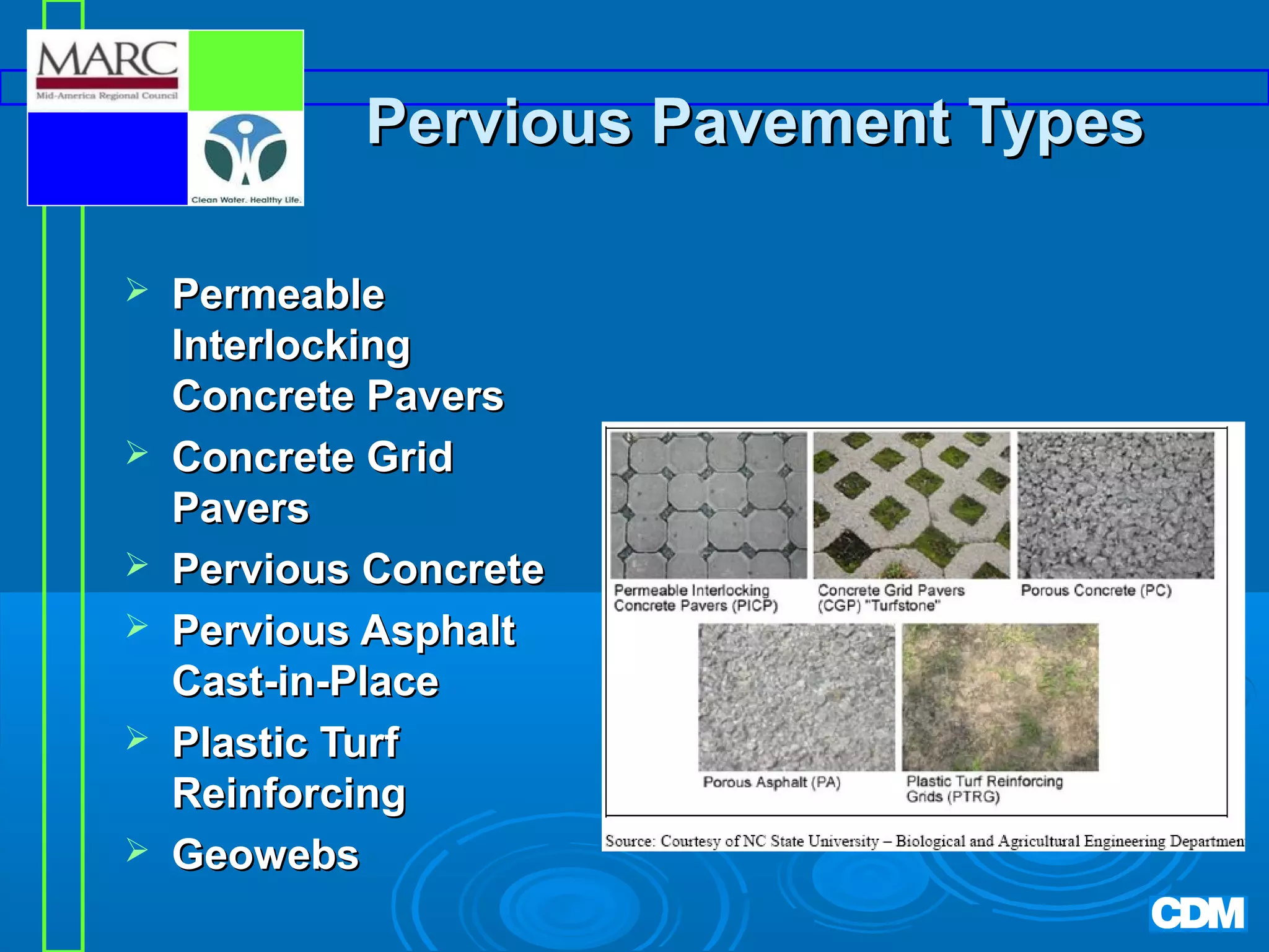 Pervious Pavement Types








Permeable
Interlocking
Concrete Pavers
Concrete Grid
Pavers
Pervious Concrete
Pervious Asphalt
Cast-in-Place
Plastic Turf
Reinforcing
Geowebs

 