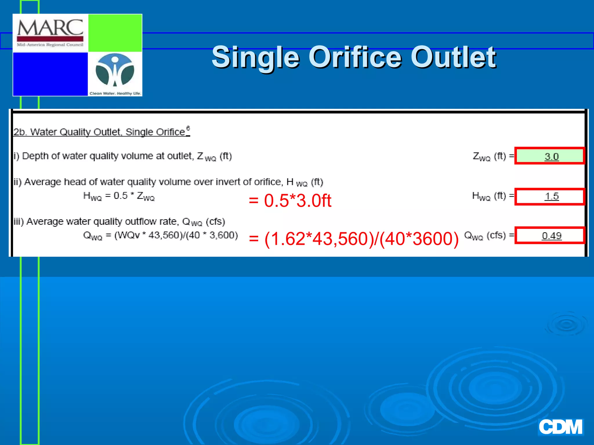 Single Orifice Outlet

= 0.5*3.0ft
= (1.62*43,560)/(40*3600)

 