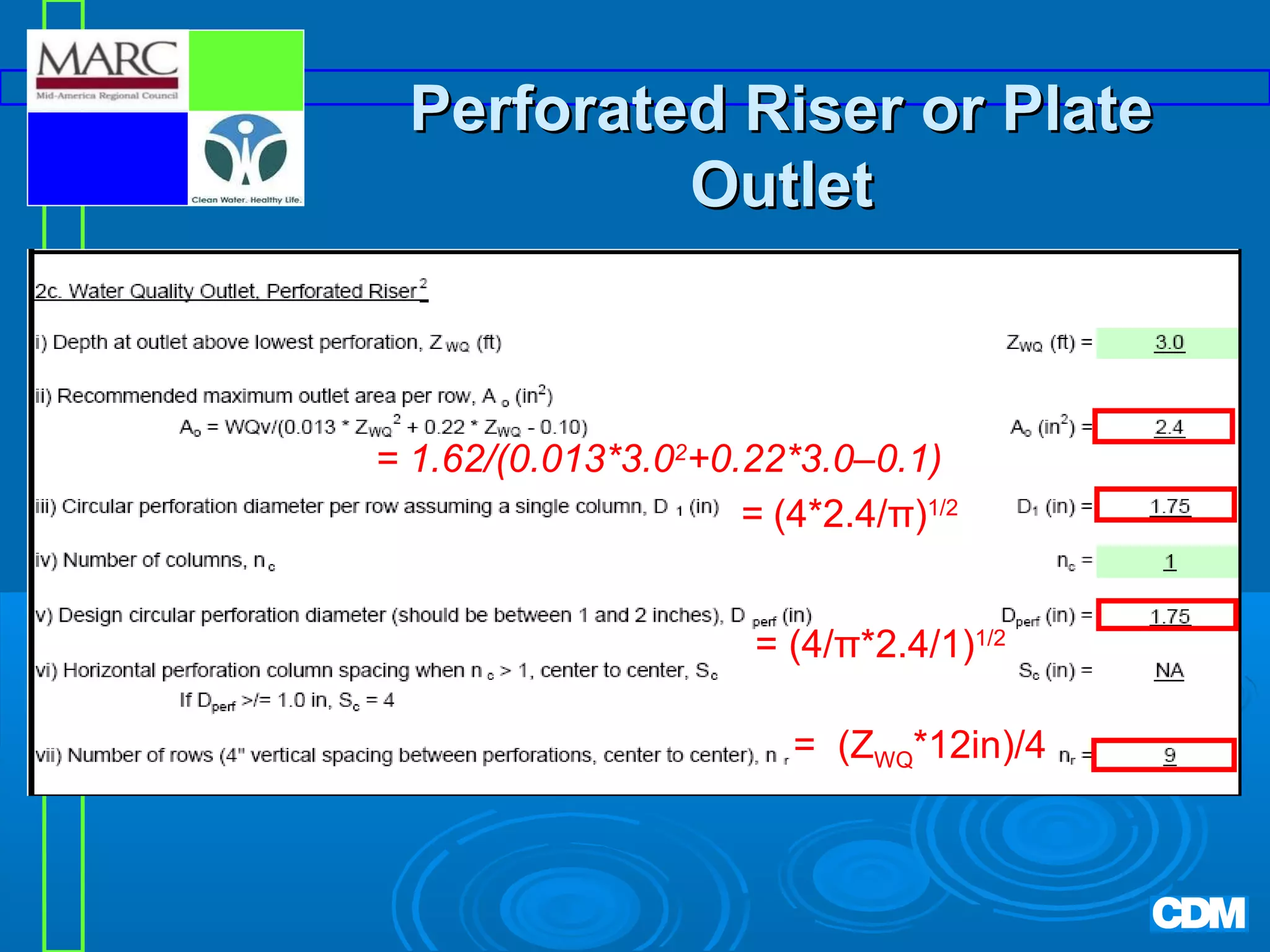 Perforated Riser or Plate
Outlet

= 1.62/(0.013*3.02+0.22*3.0–0.1)
= (4*2.4/π)1/2
= (4/π*2.4/1)1/2
= (ZWQ*12in)/4

 