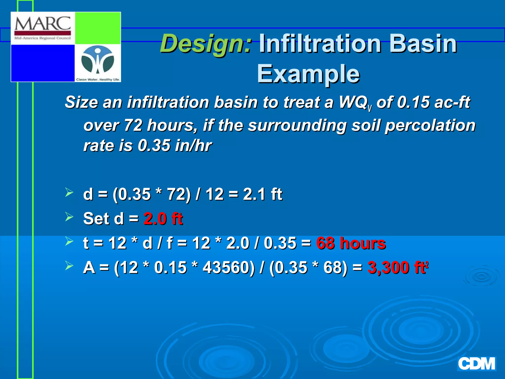 Design: Infiltration Basin
Example
Size an infiltration basin to treat a WQV of 0.15 ac-ft
over 72 hours, if the surrounding soil percolation
rate is 0.35 in/hr





d = (0.35 * 72) / 12 = 2.1 ft
Set d = 2.0 ft
t = 12 * d / f = 12 * 2.0 / 0.35 = 68 hours
A = (12 * 0.15 * 43560) / (0.35 * 68) = 3,300 ft2

 