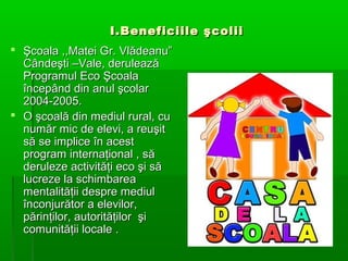 I.Beneficiile şcolii
 Şcoala ,,Matei Gr. Vlădeanu”
Cândeşti –Vale, derulează
Programul Eco Şcoala
începând din anul şcolar
2004-2005.
 O şcoală din mediul rural, cu
număr mic de elevi, a reuşit
să se implice în acest
program internaţional , să
deruleze activităţi eco şi să
lucreze la schimbarea
mentalităţii despre mediul
înconjurător a elevilor,
părinţilor, autorităţilor şi
comunităţii locale .

 