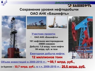 Сохранение уровня нефтедобычи  ОАО АНК «Башнефть» Объем инвестиций в 2000-2010 гг.:   ~   88,1 млрд. руб., (в бурение –  32,7 млрд. руб. ) ,  в т.ч. 2008-2010 гг.:   26,6 млрд. руб. 161 нефтяное месторождение  35600 скважин Добыто: 1,6 млрд. тонн нефти 84 млрд. куб. м газа  Ежегодная добыча нефти: 12 миллионов тонн  Участник проекта:   ОАО АНК «Башнефть» Добыча полезных ископаемых 