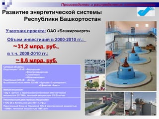 Развитие энергетической системы  Республики Башкортостан   Участник проекта:   ОАО «Башкирэнерго» Объем инвестиций в 2000-2010 гг.:  ~   31,2 млрд. руб.,   в т.ч. 2008-2010 гг.:   ~   8,6 млрд. руб. Производство и распределение электроэнергии Сетевые объекты: Подстанции 110 кВ: «Вишерская» «Электрозаводская» «Солнечная» «Ибрагимовская» Подстанция 220 кВ:  «Затон» Высоковольтные линии 220 кВ: «Буйская -Сталепрокат», «Уфимская –Амет»   Новые мощности : ТЭЦ-5 «Затон» с парогазовой установкой электрической мощностью 207 МВт, тепловой мощностью 116 Гкал/час Реконструкция действующих мощностей : ГТЭС-25 в Котельном цехе № 1 г. Уфы; Парогазовый блок на Уфимской ТЭЦ-2 электрической мощностью 110МВт, тепловой мощностью 116Гкал/ч   