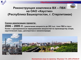 Реконструкция комплекса ВХ – ПВХ  на ОАО «Каустик»  (Республика Башкортостан, г. Стерлитамак) Контактное лицо по проекту: Юсупова Т.Н.  (347)  276-64-51 Сроки реализации проекта:  2006 – 2009 гг.   (увеличение мощности до 205 тыс. тонн ПВХ в год и более с одновременным наращиванием мощностей по производству хлора, каустической соды, дихлорэтана и винилхлорида) Обрабатывающие производства 