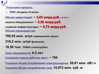 Участники   проекта:   ООО «Агидель-Стекло» Объем инвестиций:   ~   3 , 65  млрд.руб.,  в т.ч.: закупка оборудования:   ~  2,92 млрд.руб. создание инфраструктуры:  ~  0,73 млрд.руб.   Создание новых рабочих мест:   ~  700 Срок окупаемости:   6,5 лет Объем производства:   788,55 млн. штук  медицинских ампул; 319,2 млн. штук   флаконов; 18,56 тыс. тонн   стеклотрубок. Годовой объем потребления газа:   15,972 млн. куб. м Годовой объем потребления электроэнергии:   38,81 млн. кВт.ч 