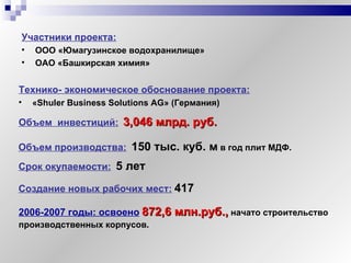 Объем  инвестиций:   3 , 046  млрд. руб.  Участники проекта:   ООО «Юмагузинское водохранилище» ОАО «Башкирская химия» Создание новых рабочих мест:   417 Срок окупаемости:   5 лет Объем производства:   150 тыс. куб. м   в год плит МДФ. 2006-2007 годы: освоено   872,6 млн.руб.,   начато строительство  производственных корпусов. Технико- экономическое обоснование проекта: « Shuler Business Solutions AG » (Германия) 