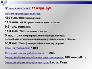Объем производства в год:   450 тыс. тонн   целлюлозы; 11,5 млн. кв.м  древесно-волокнистых плит; 9,5 тыс. тонн  лака; 11,8 тыс. тонн  таллового масла; 5 тыс. тонн  микрокристаллической целлюлозы; переработка отходов в предельные углеводороды в объеме  65,8 тыс.тонн  (по перерабатываемому сырью). Создание новых рабочих мест:   ~  5900 Срок  окупаемости:   7 лет Годовой объем потребления электроэнергии:   180 млн. кВт.ч Годовой объем потребления газа:   9 млн. Гкал Объем  инвестиций:   17 млрд. руб. 