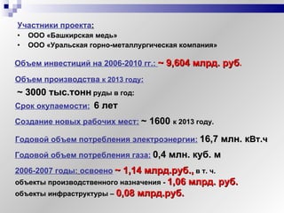 Участники проекта :   ООО «Башкирская медь»  ООО «Уральская горно-металлургическая компания» Срок окупаемости:   6 лет   Объем производства  к 2013 году : ~  3000 тыс.тонн   руды в год: Создание новых рабочих мест:   ~  1600  к 2013 году. Годовой объем потребления электроэнергии:   16,7 млн. к Вт.ч Годовой объем потребления газа:   0,4 млн. куб. м 2006-2007 годы:   освоено   ~   1,14 млрд.руб.,  в т. ч.  объекты производственного назначения -  1,06 млрд. руб.   объекты инфраструктуры –  0,08 млрд.руб. Объем инвестиций на 2006-2010 гг.:  ~   9,604 млрд. руб . 