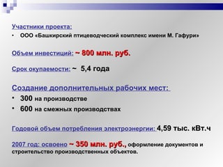 Участники проекта:   ООО «Башкирский птицеводческий комплекс имени М. Гафури» Объем инвестиций:   ~ 800  млн. руб. Срок окупаемости:   ~   5,4 года Создание дополнительных рабочих мест:  300  на производстве 600  на смежных производствах   Годовой объем потребления электроэнергии:   4,59 тыс. кВт.ч  2007 год: освоено   ~  35 0  млн. руб.,  оформление документов и строительство производственных объектов. 
