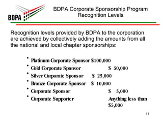 BDPA Corporate Sponsorship Program Recognition Levels Recognition levels provided by BDPA to the corporation are achieved by collectively adding the amounts from all the national and local chapter sponsorships:   Platinum Corporate Sponsor  $100,000 Gold Corporate Sponsor $  50,000 Silver Corporate Sponsor $  25,000 Bronze Corporate Sponsor $  10,000 Corporate Sponsor $  5,000 Corporate Supporter Anything less than  $5,000 