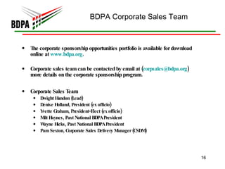 BDPA Corporate Sales Team The corporate sponsorship opportunities portfolio is available for download online at  www.bdpa.org .  Corporate sales team can be contacted by email at ( corpsales @bdpa.org ) more details on the corporate sponsorship program. Corporate Sales Team Dwight Handon (Lead) Denise Holland, President (ex officio) Yvette Graham, President-Elect (ex officio) Milt Haynes, Past National BDPA President Wayne Hicks, Past National BDPA President Pam Sexton, Corporate Sales Delivery Manager (CSDM) 