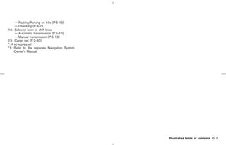 — Parking/Parking on hills (P.5-19)
        — Checking (P.8-21)
18.     Selector lever or shift lever
        — Automatic transmission (P.5-10)
        — Manual transmission (P.5-13)
19.     Cargo net (P.2-33)
*: if   so equipped
*1:     Refer to the separate Navigation System
        Owner’s Manual.




                                                                   Illustrated table of contents   0-7



                                                  ੬ 07.7.25/Z33-D/V5.0 ੭
 