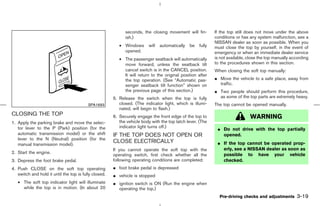 seconds, the closing movement will fin-          If the top still does not move under the above
                                                             ish.)                                            conditions or has any system malfunction, see a
                                                                                                              NISSAN dealer as soon as possible. When you
                                                          • Windows       will   automatically   be   fully   must close the top by yourself, in the event of
                                                            opened.                                           emergency or when an immediate dealer service
                                                          • The passenger seatback will automatically         is not available, close the top manually according
                                                            move forward, unless the seatback tilt            to the procedures shown in this section.
                                                            cancel switch is in the CANCEL position.          When closing the soft top manually:
                                                            It will return to the original position after
                                                            the top operation. (See “Automatic pas-           ¼ Move the vehicle to a safe place, away from
                                                            senger seatback tilt function” shown on             traffic.
                                                            the previous page of this section.)               ¼ Two people should perform this procedure,
                                                       5. Release the switch when the top is fully              as some of the top parts are extremely heavy.
                                          SPA1693         closed. (The indicator light, which is illumi-      The top cannot be opened manually.
                                                          nated, will begin to flash.)
CLOSING THE TOP                                        6. Securely engage the front edge of the top to                          WARNING
1. Apply the parking brake and move the selec-            the vehicle body with the top latch lever. (The
                                                          indicator light turns off.)
   tor lever to the P (Park) position (for the                                                                 ¼ Do not drive with the top partially
   automatic transmission model) or the shift          IF THE TOP DOES NOT OPEN OR                               opened.
   lever to the N (Neutral) position (for the
                                                       CLOSE ELECTRICALLY                                      ¼ If the top cannot be operated prop-
   manual transmission model).
                                                       If you cannot operate the soft top with the               erly, see a NISSAN dealer as soon as
2. Start the engine.                                                                                             possible to have your vehicle
                                                       operating switch, first check whether all the
3. Depress the foot brake pedal.                       following operating conditions are completed:             checked.
4. Push CLOSE on the soft top operating                ¼ foot brake pedal is depressed
   switch and hold it until the top is fully closed.   ¼ vehicle is stopped
   • The soft top indicator light will illuminate      ¼ ignition switch is ON (Run the engine when
     while the top is in motion. (In about 20            operating the top.)
                                                                                                                Pre-driving checks and adjustments       3-19



                                                                                                 ੬ 07.7.25/Z33-D/V5.0 ੭
 