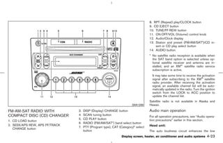 8. RPT (Repeat) play/CLOCK button
                                                                                  9. CD EJECT button
                                                                                  10. TUNE/FF⋅REW button
                                                                                  11. ON⋅OFF/VOL (Volume) control knob
                                                                                  12. Audio/Clock display
                                                                                  13. Station and preset (FM/AM/SAT*)/CD in-
                                                                                      sert or CD play select button
                                                                                  14. AUDIO button
                                                                                  * No satellite radio reception is available when
                                                                                    the SAT band option is selected unless op-
                                                                                    tional satellite receiver and antenna are in-
                                                                                    stalled, and an XM® satellite radio service
                                                                                    subscription is active.
                                                                                    It may take some time to receive the activation
                                                                                    signal after subscribing to the XM satellite
                                                                                    radio provider. After receiving the activation
                                                                                    signal, an available channel list will be auto-
                                                                                    matically updated in the radio. Turn the ignition
                                                                                    switch from the LOCK to ACC position to
                                                                                    update the channel list.
                                                                                  Satellite radio is not available in Alaska and
                                                                      SAA1299     Hawaii.

FM-AM-SAT RADIO WITH            3.   DISP (Display) CHANGE button                 Audio main operation
COMPACT DISC (CD) CHANGER       4.   SCAN tuning button
                                                                                  For all operation precautions, see “Audio opera-
                                5.   CD PLAY button                               tion precautions” earlier in this section.
1. CD LOAD button
                                6.   RADIO (FM/AM/SAT*) band select button
2. SEEK/APS REW, APS FF/TRACK                                                     Head unit:
                                7.   PTY (Program type), CAT (Category)* select
   CHANGE button
                                     button                                       The auto loudness circuit enhances the low
                                                               Display screen, heater, air conditioner and audio systems      4-23



                                                                     ੬ 07.7.25/Z33-D/V5.0 ੭
 