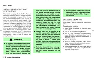 FLAT TIRE

TIRE PRESSURE MONITORING
                                                        tires and increase the likelihood of          ¼ Do not inject any tire liquid or aerosol
SYSTEM (TPMS)
                                                        tire failure. Serious vehicle damage            tire sealant into the tires, as this may
This vehicle is equipped with the Tire Pressure         could occur and may lead to an acci-            cause a malfunction of the tire pres-
Monitoring System (TPMS). It monitors tire pres-        dent and could result in serious per-           sure sensors.
sure of all tires except the spare. When the low        sonal injury. Check the tire pressure
tire pressure warning light is lit, one or more of      for all four tires. Adjust the tire pres-
your tires is significantly under-inflated. If the      sure to the recommended COLD tire
                                                                                                     CHANGING A FLAT TIRE
vehicle is being driven with low tire pressure, the     pressure shown on the Tire and               If you have a flat tire, follow the instructions
TPMS will activate and warn you of it by the low        Loading Information label to turn the        below.
tire pressure warning light (in the meter panel).       low tire pressure warning light OFF.
This system will activate only when the vehicle is                                                   Stopping the vehicle
                                                        If you have a flat tire, replace it with a
driven at speeds above 16 MPH (25 km/h). For                                                         1. Safely move the vehicle off the road away
                                                        spare tire as soon as possible.
more details, refer to “Warning/indicator lights                                                        from traffic.
and audible reminders” in the “2. Instruments         ¼ When a spare tire is mounted or a            2. Turn on the hazard warning flashers.
and controls” section and “Tire pressure moni-          wheel is replaced, the TPMS will not         3. Park on a level surface and apply the parking
toring system (TPMS)” in the “5. Starting and           function and the low tire pressure              brake. Shift the manual transmission into R
driving” section.                                       warning light will flash for approxi-           (Reverse) position (automatic transmission in
                                                        mately 1 minute. The light will remain          P (Park) position).
                   WARNING                              on after 1 minute. Contact your              4. Turn off the engine.
                                                        NISSAN dealer as soon as possible            5. Raise the hood to warn other traffic, and to
 ¼ If the light illuminates while driving,              for tire replacement and/or system              signal professional road assistance person-
   avoid sudden steering maneuvers or                   resetting.                                      nel that you need assistance.
   abrupt braking, reduce vehicle speed,              ¼ Replacing tires with those not origi-        6. Have all passengers get out of the vehicle
   pull off the road to a safe location                                                                 and stand in a safe place, away from traffic
                                                        nally specified by NISSAN could af-             and clear of the vehicle.
   and stop the vehicle as soon as pos-                 fect the proper operation of the
   sible. Driving with under-inflated                   TPMS.
   tires may permanently damage the

6-2 In case of emergency



                                                                                         ੬ 07.7.25/Z33-D/V5.0 ੭
 