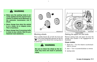 WARNING
¼ Make sure the parking brake is se-
  curely applied and the manual trans-
  mission is shifted into R (Reverse), or
  the automatic transmission into P
  (Park).
¼ Never change tires when the vehicle
  is on a slope, ice or slippery areas.
  This is hazardous.
¼ Never change tires if oncoming traffic
  is close to your vehicle. Wait for pro-                                          MCE0001A                                             SCE0409
                                                                                                                     Coupe models
  fessional road assistance.                Blocking wheels                                       Getting the spare tire and tools
                                            Place suitable blocks k at both the front and
                                                                     1                            Remove jacking tools and spare tire from the
                                            back of the wheel diagonally opposite the flat tire   storage area located in the luggage/trunk as
                                                   to prevent the vehicle from moving when it     illustrated.
                                            is jacked up.
                                                                                                  Coupe models:

                                                               WARNING                            1. Spare tire — Turn the retainer counterclock-
                                                                                                     wise to remove.
                                             Be sure to block the wheel as the ve-                2. Jack — Turn it counterclockwise to remove.
                                             hicle may move and result in personal                3. Jacking tools
                                             injury.



                                                                                                                      In case of emergency   6-3



                                                                                    ੬ 07.7.25/Z33-D/V5.0 ੭
 