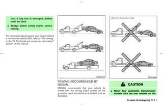 tion. If any unit is damaged, dollies
     must be used.
 ¼ Always attach safety chains before
   towing.


For information about towing your vehicle behind
a recreational vehicle (RV), refer to “Flat towing”
in the “9. Technical and consumer information”
section of this manual.




                                                                                              SCE0342                                     SCE0489

                                                      TOWING RECOMMENDED BY
                                                      NISSAN                                                            CAUTION
                                                      NISSAN recommends that your vehicle be
                                                      towed with the driving (rear) wheels off the         ¼ Never tow automatic transmission
                                                      ground or place the vehicle on a flat bed truck as     models with the rear wheels on the
                                                      illustrated.
                                                                                                                        In case of emergency   6-11



                                                                                             ੬ 07.7.25/Z33-D/V5.0 ੭
 
