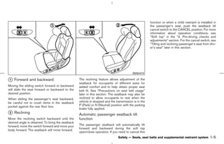 function or when a child restraint is installed in
                                                                                                       the passenger’s seat, push the seatback tilt
                                                                                                       cancel switch to the CANCEL position. For more
                                                                                                       information about operation conditions, see
                                                                                                       “Soft top” in the “3. Pre-driving checks and
                                                                                                       adjustments” section. For the cancel switch, see
                                                                                                       “Tilting and reclining passenger’s seat from driv-
                                                                                                       er’s seat” later in this section.




                                                                                          SSS0472

k Forward and backward
1                                                  The reclining feature allows adjustment of the
                                                   seatback for occupants of different sizes for
Moving the sliding switch forward or backward      added comfort and to help obtain proper seat
will slide the seat forward or backward to the     belt fit. See “Precautions on seat belt usage”
desired position.                                  later in this section. The seatback may also be
When sliding the passenger’s seat backward,        reclined to allow occupants to rest when the
be careful not to crush items in the seatback      vehicle is stopped and the transmission is in the
pocket against the rear floor box.                 P (Park) or N (Neutral) position with the parking
                                                   brake fully applied.
k Reclining
2
                                                   Automatic passenger seatback tilt
Move the reclining switch backward until the       function
desired angle is obtained. To bring the seatback
forward, move the switch forward and move your     The passenger seatback will automatically tilt
                                                   forward and backward during the soft top
body forward. The seatback will move forward.
                                                   open/close operation. If you need to cancel this
                                                                                Safety — Seats, seat belts and supplemental restraint system        1-5



                                                                                          ੬ 07.7.25/Z33-D/V5.0 ੭
 