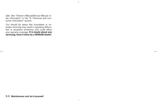 able. See “Owner’s Manual/Service Manual or-
der information” in the “9. Technical and con-
sumer information” section.
You should be aware that incomplete or im-
proper servicing may result in operating difficul-
ties or excessive emissions, and could affect
your warranty coverage. If in doubt about any
servicing, have it done by a NISSAN dealer.




8-6 Maintenance and do-it-yourself



                                                     ੬ 07.7.25/Z33-D/V5.0 ੭
 
