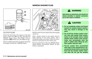 WINDOW WASHER FLUID


                                                                                                                          WARNING
                                                                                                           Anti-freeze is poisonous and should be
                                                                                                           stored carefully in marked containers
                                                                                                           out of the reach of children.



                                                                                                                           CAUTION
                                                                                                           ¼ Do not substitute engine anti-freeze
                                                                                                             coolant for window washer solution.
                                           SDI1906                                             SDI2053       This may result in damage to the
                                                                                                             paint.
CLUTCH FLUID                                           Add fluid when the low washer fluid warning light
                                                       comes on.                                           ¼ Do not fill the window washer reser-
Check the fluid level in the reservoir. If the fluid                                                         voir tank with washer fluid concen-
level is below the MIN line k , add Genuine
                                2                      Add a washer solvent to the washer fluid for
                                                                                                             trates at full strength. Some methyl
NISSAN Super Heavy Duty Brake Fluid or                 better cleaning. In the winter season, add a
                                                                                                             alcohol based washer fluid concen-
equivalent DOT 3 fluid up to the MAX line k .   1      windshield washer anti-freeze. Follow the manu-
                                                       facturer’s instructions for the mixture ratio.        trates may permanently stain the
If fluid is added frequently, the system should be                                                           grille if spilled while filling the win-
thoroughly checked by a NISSAN dealer.                 Recommended fluid is Genuine NISSAN Wind-             dow washer reservoir tank.
                                                       shield Washer Concentrate Cleaner & Anti-
                                                       freeze or equivalent.                               ¼ Pre-mix washer fluid concentrates
                                                                                                             with water to the manufacturer’s rec-
                                                                                                             ommended levels before pouring the
                                                                                                             fluid into the window washer reser-
                                                                                                             voir tank. Do not use the window

8-14 Maintenance and do-it-yourself



                                                                                              ੬ 07.7.25/Z33-D/V5.0 ੭
 
