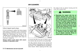 AIR CLEANERS

                                                                                                           the inside of the air cleaner housing and the
                                                                                                           cover with a damp cloth.

                                                                                                                            WARNING
                                                                                                            ¼ Operating the engine with the air
                                                                                                              cleaner removed can cause you or
                                                                                                              others to be burned. The air cleaner
                                                                                                              not only cleans the air, it stops the
                                                                                                              flame if the engine backfires. If it is
                                                                                                              not there, and the engine backfires,
                                                                                                              you could be burned. Do not drive
                                                                                                              with the air cleaner removed, and be
                                         SDI2020
                                                                                                              careful when working on the engine
Iridium-tipped spark plugs                                                                                    with the air cleaner removed.

It is not necessary to replace the iridium-tipped                                                           ¼ Never pour fuel into the throttle body
spark plugs as frequently as the conventional                                                                 or attempt to start the engine with
type spark plugs since they will last much longer.                                                            the air cleaner removed. Doing so
Follow the maintenance log shown in the                                                                       could result in serious injury.
“NISSAN Service and Maintenance Guide”, but
do not service iridium-tipped spark plugs by
                                                                                               SDI2054
cleaning or regapping.
Always replace spark plugs with recom-               To remove the filter from the air cleaner, pull off
mended or equivalent ones.                           the retainers k and pull the unit upward k .
                                                                   1                              2

                                                     The filter element should not be cleaned and
                                                     reused. Replace it according to the maintenance
                                                     log shown in the “NISSAN Service and Mainte-
                                                     nance Guide”. When replacing the filter, wipe
8-18 Maintenance and do-it-yourself



                                                                                             ੬ 07.7.25/Z33-D/V5.0 ੭
 