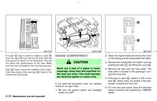 SDI1752                                         SDI1479B                                              SDI1753

If a type k fuse is used to replace a type k
           A                                     B     ENGINE COMPARTMENT                              2. Open the engine hood and remove the cover
fuse, the type k fuse will not be level with the
                 A                                                                                        on the battery and the fuse/fusible link holder.
fuse pocket as shown in the illustration. This will
not affect the performance of the fuse. Make                            CAUTION                        3. Remove the fuse/fusible link holder cover by
sure the fuse is installed in the fuse box securely.                                                      pushing the tabs k and lifting the cover k .
                                                                                                                           1                        2
                                                        Never use a fuse of a higher or lower
Type k fuses cannot be installed in the under-
      B                                                                                                4. Remove the fuse with the fuse puller. The
hood fuse boxes. Only use type k fuses in the
                               A                        amperage rating than that specified on            fuse puller is located in the passenger com-
underhood fuse boxes.                                   the fuse box cover. This could damage             partment fuse box.
                                                        the electrical system or cause a fire.
                                                                                                       5. If the fuse is open k , replace it with a new
                                                                                                                              A
                                                                                                          fuse k . Spare fuses are stored in the pas-
                                                                                                                 B
                                                       If any electrical equipment does not operate,      senger compartment fuse box.
                                                       check for an open fuse.
                                                                                                       6. If a new fuse also opens, have the electrical
                                                       1. Be sure the ignition switch and headlight       system checked and repaired by a NISSAN
                                                          switch are OFF.                                 dealer.
8-22 Maintenance and do-it-yourself



                                                                                          ੬ 07.7.25/Z33-D/V5.0 ੭
 