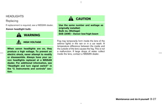 HEADLIGHTS
                                                                       CAUTION
Replacing
If replacement is required, see a NISSAN dealer.    Use the same number and wattage as
Xenon headlight bulb:                               originally installed:
                                                    Bulb no. (Wattage)
                                                    D2S (35W) - Xenon low/high-beam
                  WARNING
                                                   Fog may temporarily form inside the lens of the
                 HIGH VOLTAGE
                                                   exterior lights in the rain or in a car wash. A
                                                   temperature difference between the inside and
 When xenon headlights are on, they                the outside of the lens causes the fog. This is not
 produce a high voltage. To prevent an             a malfunction. If large drops of water collect
 electric shock, never attempt to modify           inside the lens, contact a NISSAN dealer.
 or disassemble. Always have your xe-
 non headlights replaced at a NISSAN
 dealer. For additional information, see
 “Headlight and turn signal switch” in
 the “2. Instruments and controls” sec-
 tion.




                                                                                                         Maintenance and do-it-yourself   8-27



                                                                                           ੬ 07.7.25/Z33-D/V5.0 ੭
 