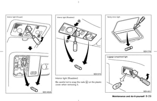 SDI1779




                                                   SDI1572

           Interior light (Roadster)
           Be careful not to snap the nails k on the plastic
                                            A
           cover when removing it.


SDI1450A                                                                                     SDI1451

                                                                Maintenance and do-it-yourself   8-29



                                                  ੬ 07.7.25/Z33-D/V5.0 ੭
 