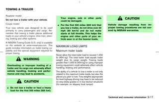 TOWING A TRAILER

Roadster model:
                                                           Your engine, axle or other parts                                 CAUTION
Do not tow a trailer with your vehicle.                    could be damaged.
Coupe model:
                                                       ¼ For the first 500 miles (800 km) that                Vehicle damage resulting from im-
Your new vehicle was designed to be used                 you tow a trailer, do not drive over 50              proper towing procedures are not cov-
primarily to carry passengers and cargo. Re-             mph (80 km/h) and do not make                        ered by NISSAN warranties.
member that towing a trailer places additional           starts at full throttle. This helps the
loads on your vehicle’s engine, drive train, steer-      engine and other parts of your ve-
ing, braking and other systems.                          hicle wear in at the heavier loads.
A NISSAN Towing Guide (U.S. only) is available
on the website at www.nissanusa.com. This
                                                      MAXIMUM LOAD LIMITS
guide includes information on trailer towing ca-
pability and the special equipment required for       Maximum trailer loads
proper towing.
                                                      Never allow the total trailer load to exceed 1,000
                                                      lb (454 kg). The total trailer load equals trailer
                   WARNING                            weight plus its cargo weight. Towing loads
                                                      greater than 1,000 lb (454 kg) or using improper
 Overloading or improper loading of a                 towing equipment could adversely affect vehicle
 trailer and its cargo can adversely affect           handling, braking and performance.
 vehicle handling, braking and perfor-                The ability of a vehicle to tow a trailer is not only
 mance and may lead to accidents.                     related to the maximum trailer loads, but also the
                                                      places you plan to tow. Tow weights appropriate
                                                      for level highway driving may have to be reduced
                    CAUTION                           on very steep grades or in low traction situations
                                                      (for example, on slippery boat ramps).
 ¼ Do not tow a trailer or haul a heavy
   load for the first 500 miles (800 km).

                                                                                                              Technical and consumer information   9-17



                                                                                                ੬ 07.7.25/Z33-D/V5.0 ੭
 