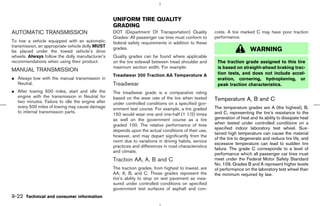 UNIFORM TIRE QUALITY
                                                  GRADING
AUTOMATIC TRANSMISSION                            DOT (Department Of Transportation) Quality          crete. A tire marked C may have poor traction
                                                  Grades: All passenger car tires must conform to     performance.
To tow a vehicle equipped with an automatic       federal safety requirements in addition to these
transmission, an appropriate vehicle dolly MUST   grades.
be placed under the towed vehicle’s drive                                                                                WARNING
wheels. Always follow the dolly manufacturer’s    Quality grades can be found where applicable
recommendations when using their product.         on the tire sidewall between tread shoulder and      The traction grade assigned to this tire
                                                  maximum section width. For example:                  is based on straight-ahead braking trac-
MANUAL TRANSMISSION
                                                  Treadwear 200 Traction AA Temperature A              tion tests, and does not include accel-
¼ Always tow with the manual transmission in                                                           eration, cornering, hydroplaning, or
  Neutral.                                        Treadwear                                            peak traction characteristics.
¼ After towing 500 miles, start and idle the      The treadwear grade is a comparative rating
  engine with the transmission in Neutral for     based on the wear rate of the tire when tested
  two minutes. Failure to idle the engine after                                                       Temperature A, B and C
                                                  under controlled conditions on a specified gov-
  every 500 miles of towing may cause damage      ernment test course. For example, a tire graded     The temperature grades are A (the highest), B,
  to internal transmission parts.                                                                     and C, representing the tire’s resistance to the
                                                  150 would wear one and one-half (1 1/2) times
                                                  as well on the government course as a tire          generation of heat and its ability to dissipate heat
                                                  graded 100. The relative performance of tires       when tested under controlled conditions on a
                                                                                                      specified indoor laboratory test wheel. Sus-
                                                  depends upon the actual conditions of their use,
                                                                                                      tained high temperature can cause the material
                                                  however, and may depart significantly from the
                                                                                                      of the tire to degenerate and reduce tire life, and
                                                  norm due to variations in driving habits, service
                                                                                                      excessive temperature can lead to sudden tire
                                                  practices and differences in road characteristics
                                                                                                      failure. The grade C corresponds to a level of
                                                  and climate.
                                                                                                      performance which all passenger car tires must
                                                  Traction AA, A, B and C                             meet under the Federal Motor Safety Standard
                                                                                                      No. 109. Grades B and A represent higher levels
                                                  The traction grades, from highest to lowest, are    of performance on the laboratory test wheel than
                                                  AA, A, B, and C. Those grades represent the         the minimum required by law.
                                                  tire’s ability to stop on wet pavement as mea-
                                                  sured under controlled conditions on specified
                                                  government test surfaces of asphalt and con-
9-22 Technical and consumer information



                                                                                         ੬ 07.7.25/Z33-D/V5.0 ੭
 