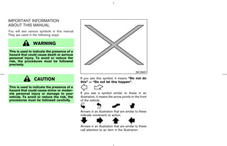 IMPORTANT INFORMATION
ABOUT THIS MANUAL
You will see various symbols in this manual.
They are used in the following ways:

                WARNING
This is used to indicate the presence of a
hazard that could cause death or serious
personal injury. To avoid or reduce the
risk, the procedures must be followed
precisely.

                                                                                          SIC0697

                 CAUTION                       If you see this symbol, it means “Do not do
                                               this” or “Do not let this happen”.
This is used to indicate the presence of a
hazard that could cause minor or moder-
ate personal injury or damage to your          If you see a symbol similar to these in an
vehicle. To avoid or reduce the risk, the      illustration, it means the arrow points to the front
procedures must be followed carefully.         of the vehicle.


                                               Arrows in an illustration that are similar to these
                                               indicate movement or action.


                                               Arrows in an illustration that are similar to these
                                               call attention to an item in the illustration.




                                                                                        ੬ 07.7.25/Z33-D/V5.0 ੭
 