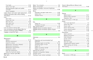 Trunk light ............................................................. 2-42    Meter, Trip computer .................................................. 2-8                   Owner’s Manual/Service Manual order
    Vanity mirror light................................................ 2-42          Meters and gauges ..................................................... 2-3                   information................................................................... 9-26
    Warning/indicator lights and audible                                              Meters and gauges, Instrument brightness
    reminders .............................................................. 2-11     control .......................................................................... 2-26
                                                                                      Mirror                                                                                                                                  P
    Xenon headlights ................................................ 2-24
Lights, Exterior and interior light replacement ... 8-28                                  Automatic anti-glare inside mirror .................. 3-26
                                                                                          Inside mirror ......................................................... 3-26              Parking
Loading information (See vehicle loading
                                                                                          Outside mirrors ................................................... 3-27                     Brake break-in ..................................................... 5-21
information) ................................................................. 9-13
                                                                                                                                                                                       Parking brake operation.................................... 5-15
Lock
    Door locks............................................................... 3-3                                                                                                      Parking on hills .................................................... 5-19
                                                                                                                                  N
    Power door lock .................................................... 3-3                                                                                                        Phone, Car phone or CB radio ............................. 4-31
    Rear floor box ...................................................... 2-35                                                                                                      Power
                                                                                      Net
    Rear hatch lock...................................................... 3-9             Cargo net.............................................................. 2-33                 Front seat adjustment .......................................... 1-4
    Top latch lever..................................................... 3-16             Ventilated net seats .............................................. 1-6                      Power door lock .................................................... 3-3
    Trunk lid................................................................. 3-10   New vehicle break-in................................................ 5-18                        Power outlet......................................................... 2-31
Low tire pressure warning light ............................. 2-13                    NISSAN Vehicle Immobilizer System................... 2-19                                        Power steering fluid ........................................... 8-12
Low tire pressure warning system (See tire                                            NISSAN Vehicle Immobilizer System, Engine                                                        Power steering system...................................... 5-20
pressure monitoring system (TPMS))..................... 5-3                           start.................................................................................. 5-8      Power windows................................................... 2-39
Luggage compartment light.................................... 2-42                                                                                                                  Precautions
                                                                                                                                 O                                                     Audio operation................................................... 4-14
                                       M                                                                                                                                               Braking precautions ........................................... 5-21
                                                                                      Odometer....................................................................... 2-4              Child restraints .................................................... 1-17
Maintenance                                                                           Oil                                                                                              Cruise control ...................................................... 5-16
   Battery ................................................................... 8-15       Capacities and recommended fuel/                                                             Maintenance ........................................................... 8-5
   General maintenance ........................................... 8-2                    lubricants ................................................................. 9-2             Seat belt usage................................................... 1-10
   Inside the vehicle................................................... 8-3              Changing engine oil and filter ......................... 8-10                                Supplemental restraint system ........................ 1-28
   Maintenance information (display) .................... 4-3                             Checking engine oil level .................................... 8-9                           When starting and driving .................................. 5-2
   Maintenance precautions .................................... 8-5                       Engine oil................................................................. 8-9           Push starting ................................................................. 6-9
   Maintenance requirements.................................. 8-2                         Engine oil pressure gauge.................................. 2-7
   Outside the vehicle............................................... 8-2                 Engine oil viscosity ............................................... 9-5
   Seat belt maintenance ...................................... 1-17                  Opening the soft top................................................ 3-13                                                               R
   Under the hood and vehicle............................... 8-4                      Outside air temperature display............................... 2-9
Malfunction indicator light (MIL)............................ 2-15                    Outside mirrors .......................................................... 3-27               Radio ............................................................................ 4-12
Map lights.................................................................... 2-41   Overheat, If your vehicle overheats......................... 6-9                                 Car phone or CB radio..................................... 4-31
10-4



                                                                                                                                                              ੬ 07.7.25/Z33-D/V5.0 ੭
 