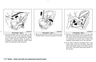 SSS0651                                             SSS0652                                               SSS0653
               Front facing — step 3                               Front facing — step 4                                Front facing — step 5
3. Pull the shoulder belt until the belt is fully    4. Allow the seat belt to retract. Pull up on the   5. Remove any additional slack from the seat
   extended. At this time, the seat belt retractor      shoulder belt to remove any slack in the belt.      belt; press downward and rearward firmly in
   is in the Automatic Locking Retractor (ALR)                                                              the center of the child restraint with your knee
   mode (child restraint mode). It reverts to                                                               to compress the vehicle seat cushion and
   Emergency Locking Retractor (ELR) mode                                                                   seatback while pulling up on the seat belt.
   when the seat belt is fully retracted.
                                                                                                         6. If the child restraint is equipped with a top
                                                                                                            tether strap, route the top tether strap and
                                                                                                            secure the tether strap to the tether anchor
                                                                                                            point. See “Top tether strap child restraint” in
                                                                                                            this section.




1-22 Safety — Seats, seat belts and supplemental restraint system



                                                                                            ੬ 07.7.25/Z33-D/V5.0 ੭
 