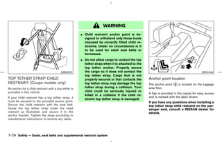 WARNING
                                                       ¼ Child restraint anchor point is de-
                                                         signed to withstand only those loads
                                                         imposed by correctly fitted child re-
                                                         straints. Under no circumstance is it
                                                         to be used for adult seat belts or
                                                         harnesses.
                                                       ¼ Do not allow cargo to contact the top
                                                         tether strap when it is attached to the
                                                         top tether anchor. Properly secure
                                          SSS0207        the cargo so it does not contact the                                             SPA1644
                                                         top tether strap. Cargo that is not
TOP TETHER STRAP CHILD                                   properly secured or that contacts the     Anchor point location
RESTRAINT (Coupe models only)                            top tether strap may damage the top       The anchor point k is located on the luggage
                                                                                                                    A
An anchor for a child restraint with a top tether is     tether strap during a collision. Your     area floor.
provided in this vehicle.                                child could be seriously injured or
                                                                                                   A flap is provided in the carpet for easy access
                                                         killed in a collision if the child re-
If your child restraint has a top tether strap, it                                                 and is marked with the label shown.
                                                         straint top tether strap is damaged.
must be secured to the provided anchor point.                                                      If you have any questions when installing a
Secure the child restraint with the seat belt.                                                     top tether strap child restraint on the pas-
Guide the top tether strap under the head                                                          senger seat, consult a NISSAN dealer for
restraint as illustrated, and secure it to the                                                     details.
anchor bracket. Tighten the strap according to
manufacturer instructions to remove any slack.




1-24 Safety — Seats, seat belts and supplemental restraint system



                                                                                        ੬ 07.7.25/Z33-D/V5.0 ੭
 