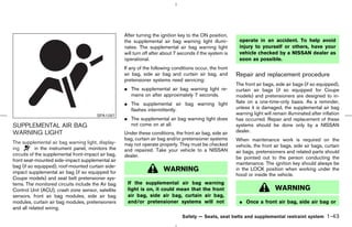 After turning the ignition key to the ON position,
                                                     the supplemental air bag warning light illumi-          operate in an accident. To help avoid
                                                     nates. The supplemental air bag warning light           injury to yourself or others, have your
                                                     will turn off after about 7 seconds if the system is    vehicle checked by a NISSAN dealer as
                                                     operational.                                            soon as possible.
                                                     If any of the following conditions occur, the front
                                                     air bag, side air bag and curtain air bag, and         Repair and replacement procedure
                                                     pretensioner systems need servicing:
                                                                                                            The front air bags, side air bags (if so equipped),
                                                     ¼ The supplemental air bag warning light re-           curtain air bags (if so equipped for Coupe
                                                       mains on after approximately 7 seconds.              models) and pretensioners are designed to in-
                                                     ¼ The supplemental air bag warning light               flate on a one-time-only basis. As a reminder,
                                                       flashes intermittently.                              unless it is damaged, the supplemental air bag
                                        SPA1097                                                             warning light will remain illuminated after inflation
                                                     ¼ The supplemental air bag warning light does          has occurred. Repair and replacement of these
SUPPLEMENTAL AIR BAG                                   not come on at all.                                  systems should be done only by a NISSAN
WARNING LIGHT                                        Under these conditions, the front air bag, side air    dealer.
                                                     bag, curtain air bag and/or pretensioner systems       When maintenance work is required on the
The supplemental air bag warning light, display-     may not operate properly. They must be checked         vehicle, the front air bags, side air bags, curtain
ing         in the instrument panel, monitors the    and repaired. Take your vehicle to a NISSAN            air bags, pretensioners and related parts should
circuits of the supplemental front-impact air bag,   dealer.                                                be pointed out to the person conducting the
front seat-mounted side-impact supplemental air
                                                                                                            maintenance. The ignition key should always be
bag (if so equipped), roof-mounted curtain side-
impact supplemental air bag (if so equipped for                         WARNING                             in the LOCK position when working under the
                                                                                                            hood or inside the vehicle.
Coupe models) and seat belt pretensioner sys-
tems. The monitored circuits include the Air bag      If the supplemental air bag warning
Control Unit (ACU), crash zone sensor, satellite      light is on, it could mean that the front                                 WARNING
sensors, front air bag modules, side air bag          air bag, side air bag, curtain air bag,
modules, curtain air bag modules, pretensioners       and/or pretensioner systems will not                   ¼ Once a front air bag, side air bag or
and all related wiring.
                                                                                  Safety — Seats, seat belts and supplemental restraint system            1-43



                                                                                              ੬ 07.7.25/Z33-D/V5.0 ੭
 