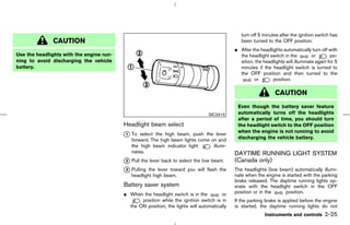 turn off 5 minutes after the ignition switch has
               CAUTION                                                                          been turned to the OFF position.
                                                                                             ¼ After the headlights automatically turn off with
Use the headlights with the engine run-                                                        the headlight switch in the          or       po-
ning to avoid discharging the vehicle                                                          sition, the headlights will illuminate again for 5
battery.                                                                                       minutes if the headlight switch is turned to
                                                                                               the OFF position and then turned to the
                                                                                                      or       position.

                                                                                                                 CAUTION
                                                                                              Even though the battery saver feature
                                                                                 SIC3315      automatically turns off the headlights
                                                                                              after a period of time, you should turn
                                          Headlight beam select                               the headlight switch to the OFF position
                                                                                              when the engine is not running to avoid
                                          k To select the high beam, push the lever
                                          1
                                             forward. The high beam lights come on and        discharging the vehicle battery.
                                             the high beam indicator light       illumi-
                                             nates.                                          DAYTIME RUNNING LIGHT SYSTEM
                                          k Pull the lever back to select the low beam.
                                          2                                                  (Canada only)
                                          k Pulling the lever toward you will flash the
                                          3                                                  The headlights (low beam) automatically illumi-
                                             headlight high beam.                            nate when the engine is started with the parking
                                                                                             brake released. The daytime running lights op-
                                          Battery saver system                               erate with the headlight switch in the OFF
                                          ¼ When the headlight switch is in the        or    position or in the     position.
                                                 position while the ignition switch is in    If the parking brake is applied before the engine
                                            the ON position, the lights will automatically   is started, the daytime running lights do not
                                                                                                            Instruments and controls      2-25



                                                                                ੬ 07.7.25/Z33-D/V5.0 ੭
 