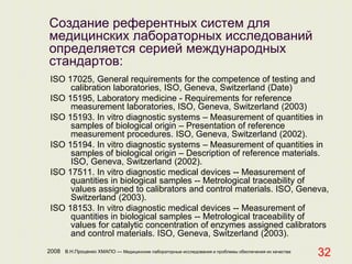 2008 В.Н.Проценко ХМАПО — Медицинские лабораторные исследования и проблемы обеспечения их качества
32
Создание референтных систем для
медицинских лабораторных исследований
определяется серией международных
стандартов:
ISO 17025, General requirements for the competence of testing and
calibration laboratories, ISO, Geneva, Switzerland (Date)
ISO 15195, Laboratory medicine - Requirements for reference
measurement laboratories, ISO, Geneva, Switzerland (2003)
ISO 15193. In vitro diagnostic systems – Measurement of quantities in
samples of biological origin – Presentation of reference
measurement procedures. ISO, Geneva, Switzerland (2002).
ISO 15194. In vitro diagnostic systems – Measurement of quantities in
samples of biological origin – Description of reference materials.
ISO, Geneva, Switzerland (2002).
ISO 17511. In vitro diagnostic medical devices -- Measurement of
quantities in biological samples -- Metrological traceability of
values assigned to calibrators and control materials. ISO, Geneva,
Switzerland (2003).
ISO 18153. In vitro diagnostic medical devices -- Measurement of
quantities in biological samples -- Metrological traceability of
values for catalytic concentration of enzymes assigned calibrators
and control materials. ISO, Geneva, Switzerland (2003).
 