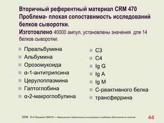 2008 В.Н.Проценко ХМАПО — Медицинские лабораторные исследования и проблемы обеспечения их качества
44
Вторичный референтный материал CRM 470
Проблема- плохая сопоставимость исследований
белков сыворотки.
Изготовлено 40000 ампул, установлены значения для 14
белков сыворотки:
 Преальбумина
 Альбумина
 Орозомукоида
 α-1-антитрипсина
 Церулоплазмина
 Гаптоглобина
 α-2-макроглобулина
 С3
 С4
 Ig G
 Ig A
 Ig M
 С-реактивного белка
 трансферрина
 