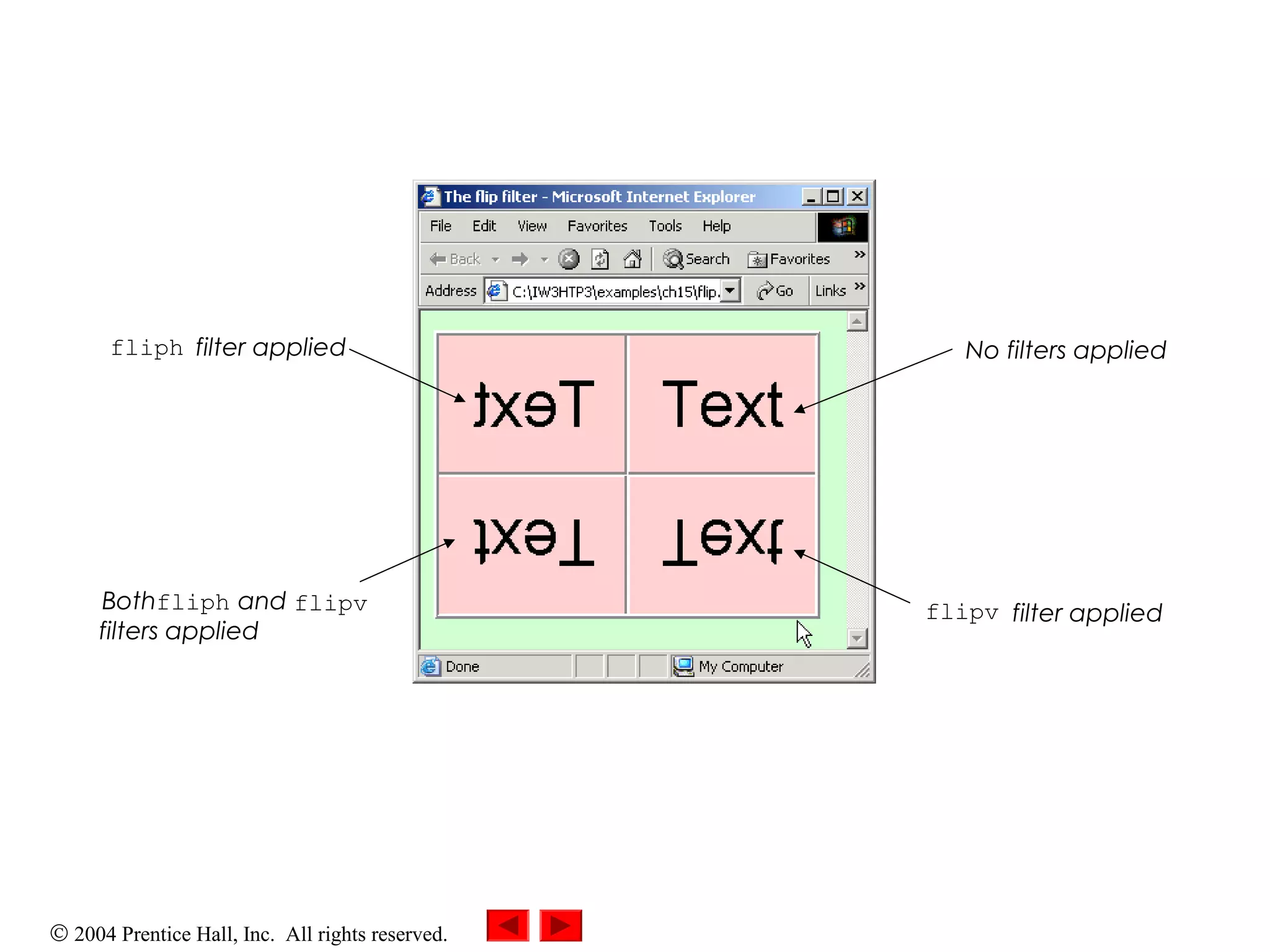 © 2004 Prentice Hall, Inc. All rights reserved.
No filters applied
flipv filter applied
fliph filter applied
Bothfliph and flipv
filters applied
 