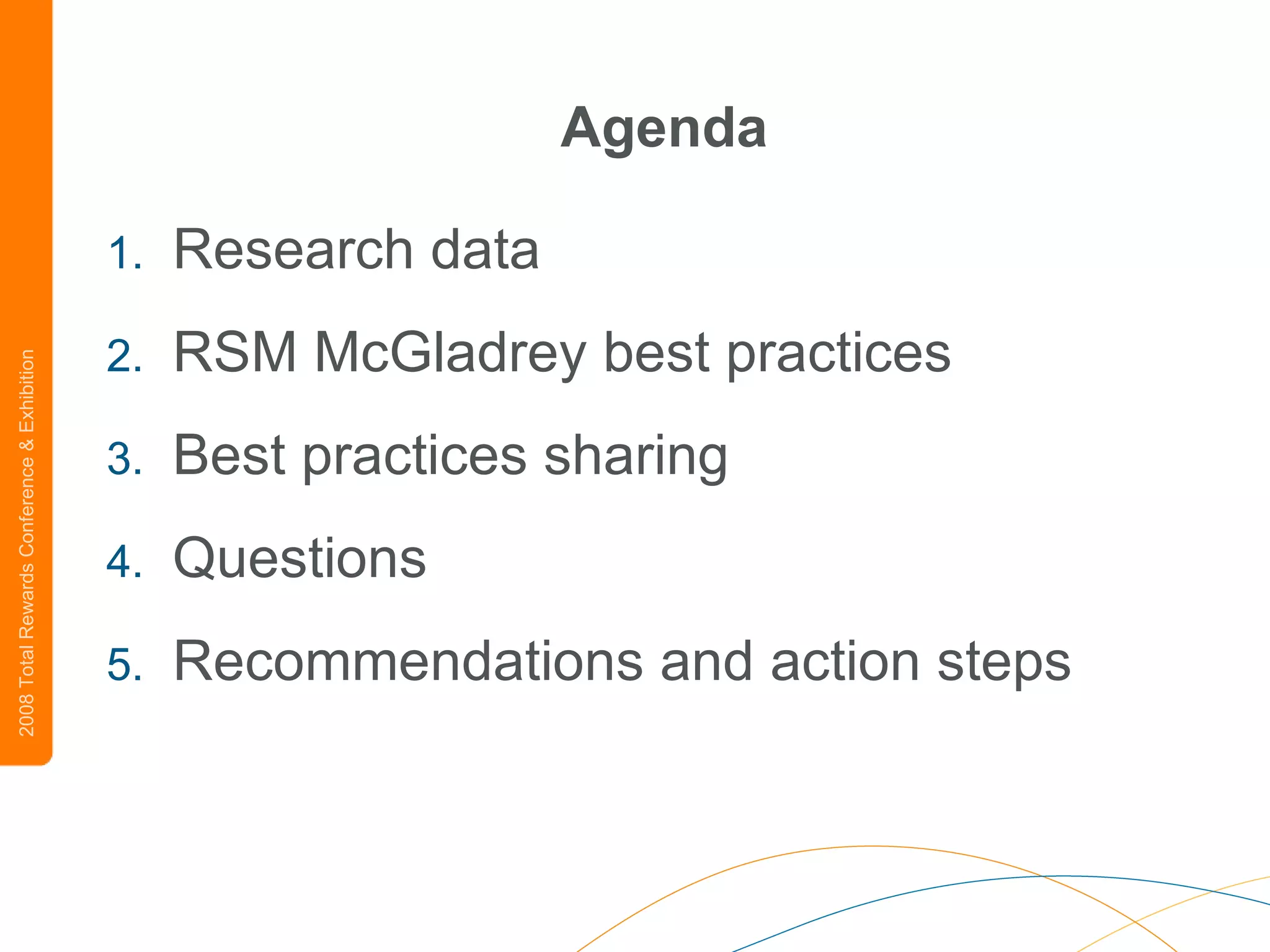 Agenda Research data RSM McGladrey best practices Best practices sharing Questions Recommendations and action steps 