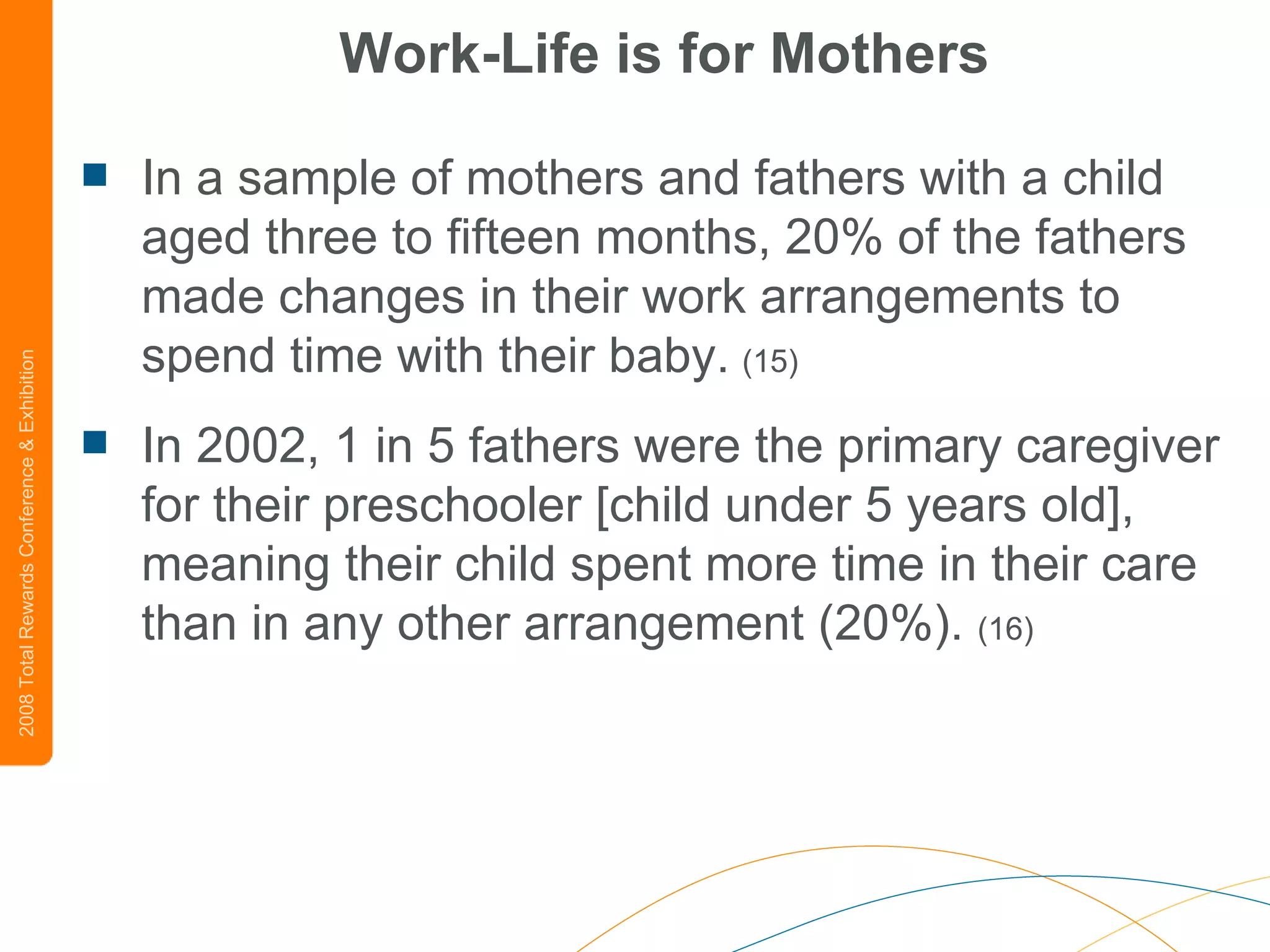 Work-Life is for Mothers In a sample of mothers and fathers with a child aged three to fifteen months, 20% of the fathers made changes in their work arrangements to spend time with their baby.   (15)  In 2002, 1 in 5 fathers were the primary caregiver for their preschooler [child under 5 years old], meaning their child spent more time in their care than in any other arrangement (20%).  (16)   