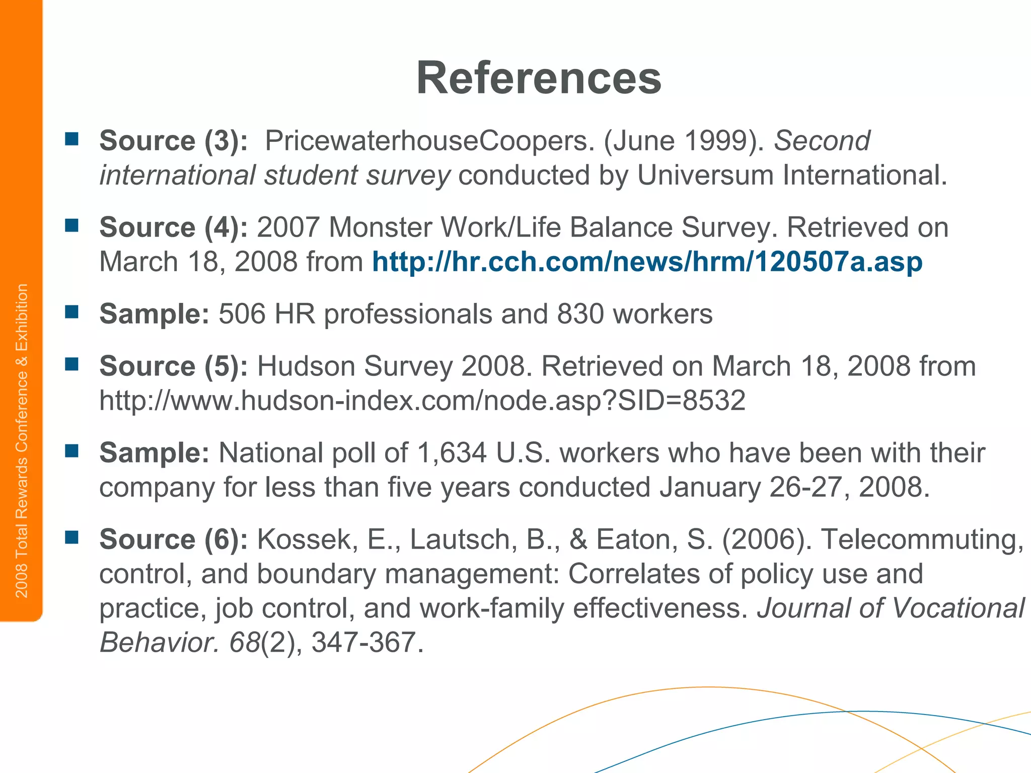 References Source (3):   PricewaterhouseCoopers. (June 1999).  Second international student survey  conducted by Universum International. Source (4):  2007 Monster Work/Life Balance Survey. Retrieved on March 18, 2008 from  http://hr.cch.com/news/hrm/120507a.asp Sample:  506 HR professionals and 830 workers  Source (5):  Hudson Survey 2008. Retrieved on March 18, 2008 from http://www.hudson-index.com/node.asp?SID=8532 Sample:  National poll of 1,634 U.S. workers who have been with their company for less than five years conducted January 26-27, 2008. Source (6):  Kossek, E., Lautsch, B., & Eaton, S. (2006). Telecommuting, control, and boundary management: Correlates of policy use and practice, job control, and work-family effectiveness.  Journal of Vocational Behavior.   68 (2), 347-367. 